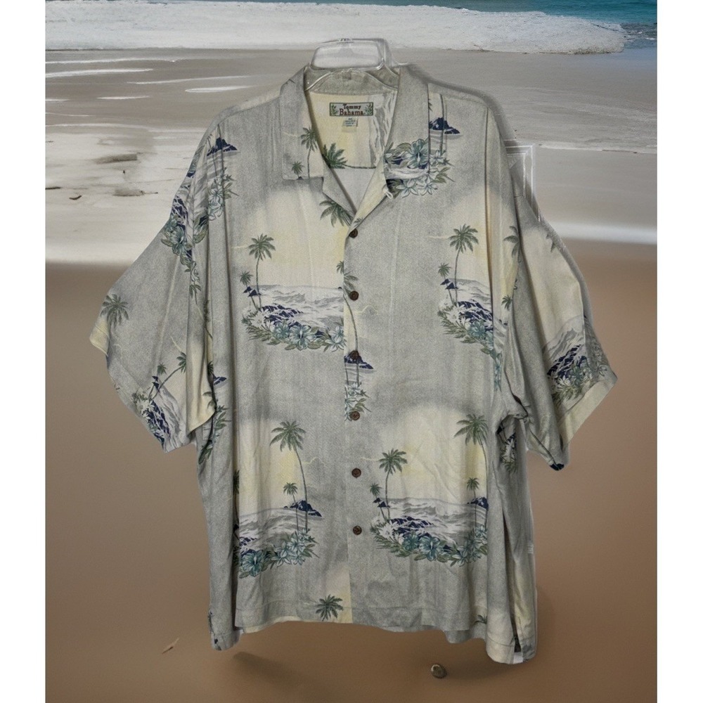 Tommy Bahama Shirt Mens XXL Gray 100% Silk Tropical Palm Tree Camp Aloha Classic